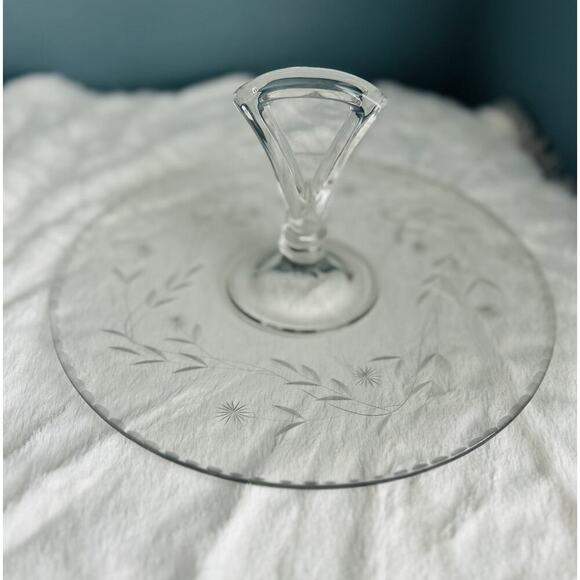 Vintage Tidbit 11” Serving Tray Dish Etched Glass Handle Floral Scallop Trim - Picture 8 of 16